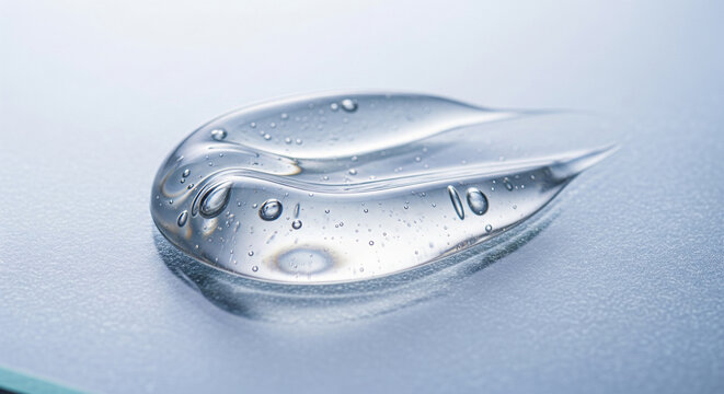 High-angle shot of a transparent cosmetic gel drop on a frosted surface