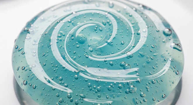Circular swirl of clear blue cosmetic gel with air bubbles on white glass