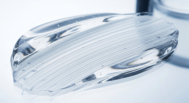 Clear cosmetic gel smear texture with smooth brush strokes on white background
