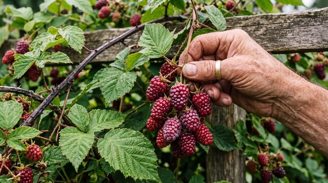 Hand Harvesting Ripe Deep Red Loganberries from Garden Wooden Arbor