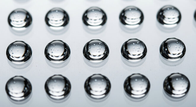 Rows of transparent liquid drops organized neatly on a white surface