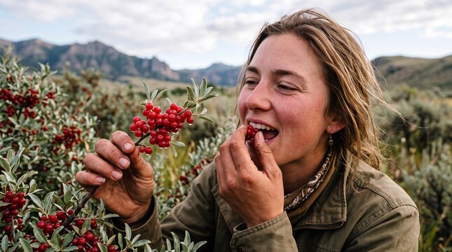 Experiencing the Vibrant Tart Flavor of Freshly Foraged Wild Buffalo Berries Outdoors