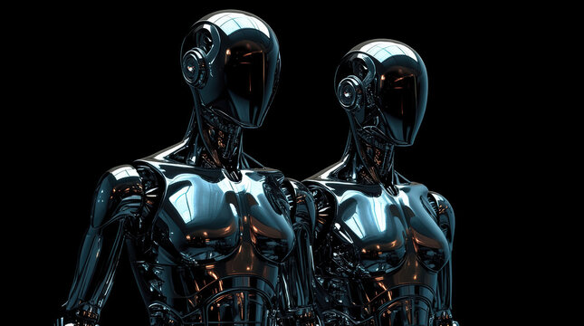 Faceless humanoid robot chrome robot metallic robot portrait showing futuristic artificial