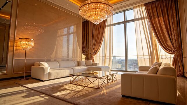 Luxury living room with crystal chandelier and white sofas