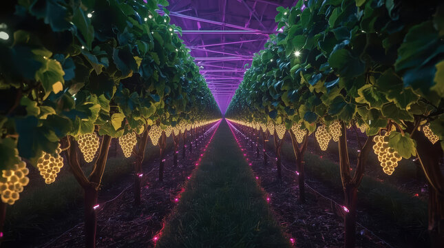 Futuristic vineyard glowing grape cluster under purple light