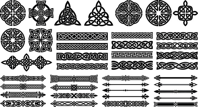 Vintage celtic knot ornaments mega bundle with traditional irish borders triquetra symbols and endless geometric line vectors