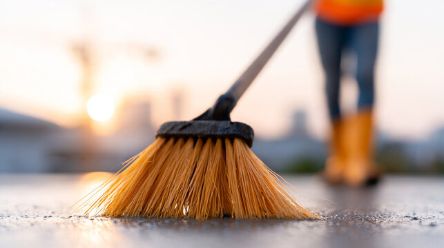 Worker Sweeping Wet Concrete Surface With Broom At Sunset Construction Site
