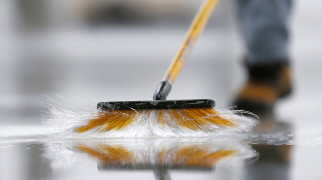 Worker Sweeping Wet Concrete Surface With Broom At Sunset Construction Site
