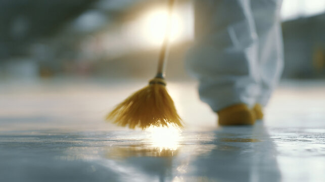 Worker Sweeping Wet Concrete Surface With Broom At Sunset Construction Site

