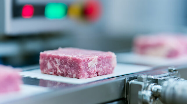 Raw Pork Meat Cut Slices On Digital Scale In Meat Factory
