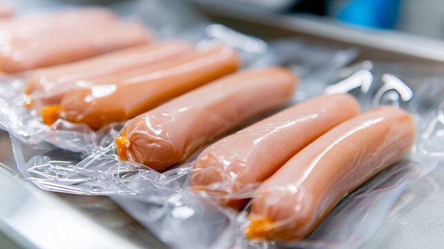 Raw Sausage Line On Conveyor Belt In Meat Processing Industrial Plant
