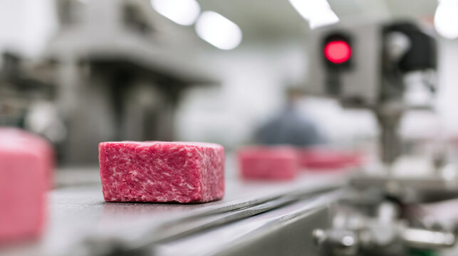 Raw Pork Meat Cut Slices On Digital Scale In Meat Factory
