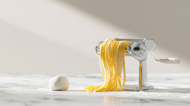 Fresh Yellow Noodle Pasta Hanging From Machine On Marble Table Counter
