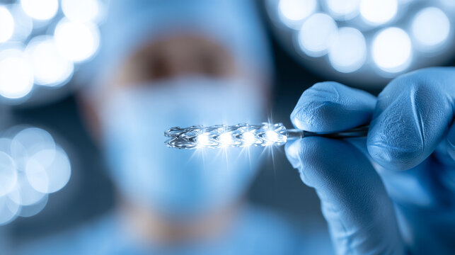 Surgeon Hand Holding Glowing Medical Mesh Stent Under Bright Surgery Light
