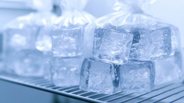 Clear Plastic Bags Of Ice Cubes Stacked In Commercial Freezer Storage Unit
