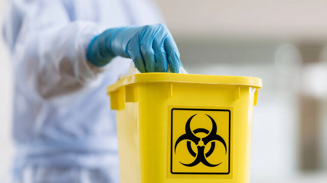 Biomedical Laboratory Worker Disposing Hazardous Waste Into Yellow Biohazard Bin Container
