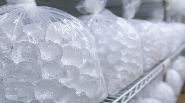 Clear Plastic Bags Of Ice Cubes Stacked In Commercial Freezer Storage Unit
