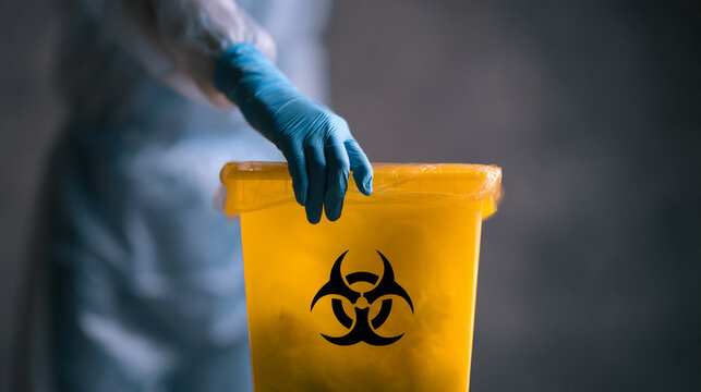 Biomedical Laboratory Worker Disposing Hazardous Waste Into Yellow Biohazard Bin Container

