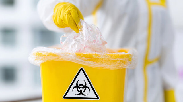 Biomedical Laboratory Worker Disposing Hazardous Waste Into Yellow Biohazard Bin Container
