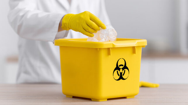 Biomedical Laboratory Worker Disposing Hazardous Waste Into Yellow Biohazard Bin Container
