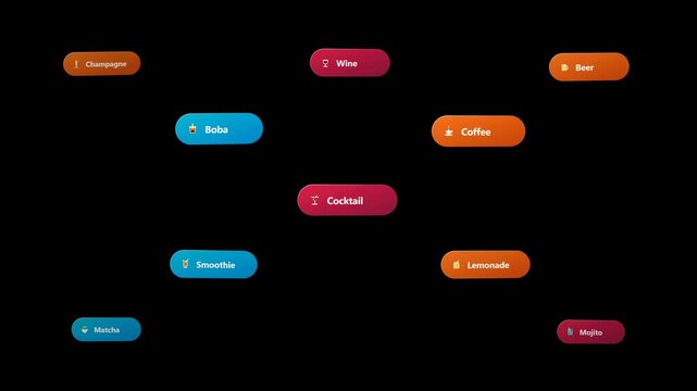 Modern vector drink concept animation featuring commercial beverage badges, cocktail pills, cafe refreshment icons, and mixology bar art on a clean black background.