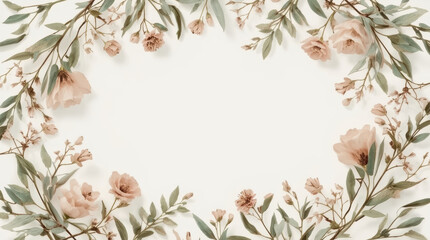 Fototapeta premium Floral border botanical frame pastel flower cream background