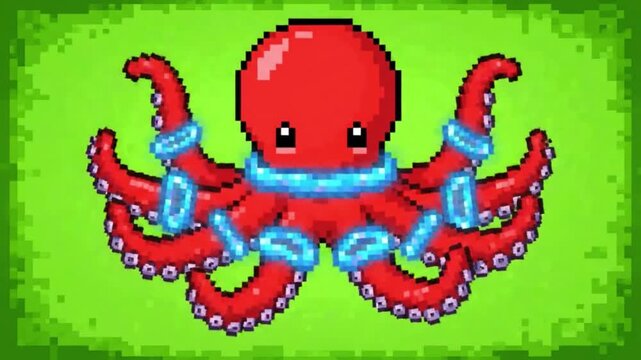 Pixel Art Blue Ringed Octopus Isolated on Green Screen. 4K Video