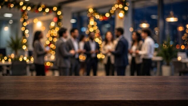 A wood table set against a softly blurred office building backdrop, symbolizing a festive corporate holiday environment