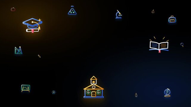 Modern vector education concept motion animation featuring 15 kinetic academic icons with generous central copy space for editor text on a clean dark background.