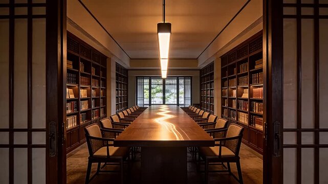 Indoor library space with long wooden table surrounded by bookshelves