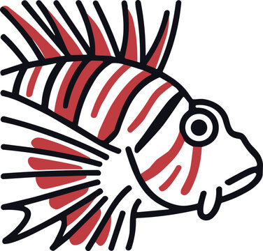 Stylized Lionfish Illustration with Red Stripes on White Background