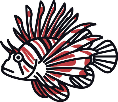 Stylized Lionfish Illustration: Red and White Marine Life with Spiky Fins