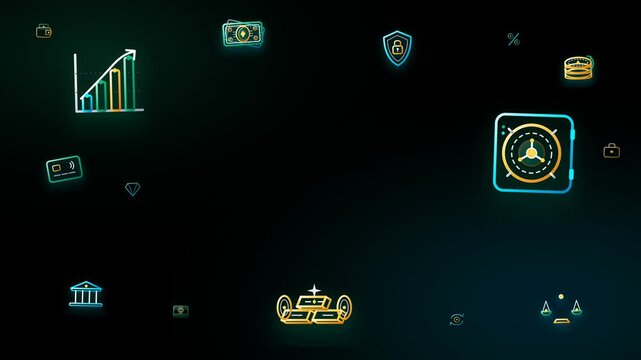 Modern vector finance concept motion animation featuring 15 kinetic fintech icons with generous central copy space for editor text on a clean dark background.
