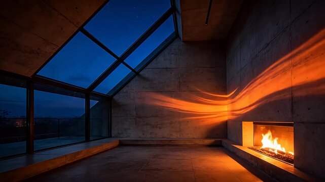 Modern concrete room with glass skylight and indoor fireplace