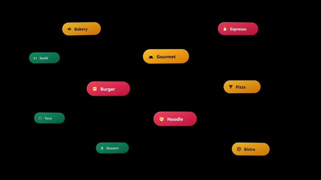Modern vector food concept animation featuring commercial culinary badges, gourmet pills, restaurant dining icons, and bistro gastronomy art on a clean black background.