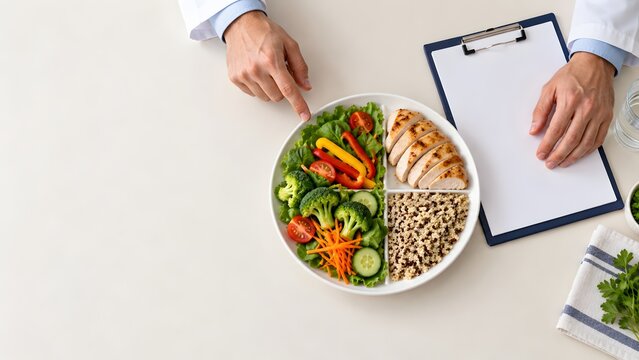 Dietitian Explaining Healthy Portion Control on Balanced Plate