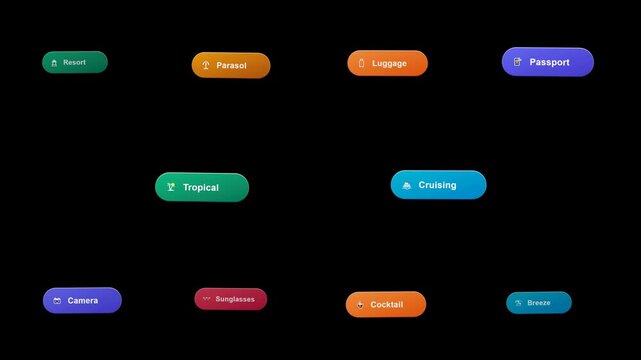 Modern vector holiday concept animation featuring commercial vacation badges, luxury resort pills, tropical island travel icons, and tourism art on a clean black background.
