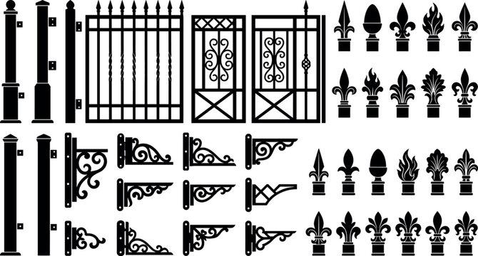 Wrought iron fence gates brackets and ornate fence finials set with decorative railing components and architectural silhouette vectors