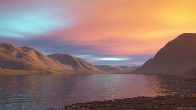 A serene lake nestled between rolling mountains under a vibrant colorful sunset sky with soft clouds with ranges reflecting warm