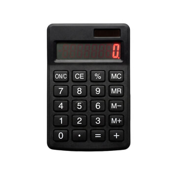 Compact black electronic calculator with a digital red display showing zero and a full keypad for calculations PNG Isolated on transparent background