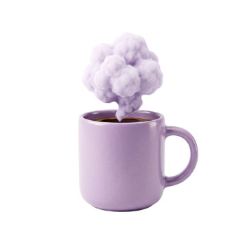 A lavender mug filled with dark coffee emits a fluffy purple cloud of steam, symbolizing aroma and flavor PNG Isolated on transparent background