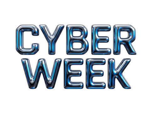 Shiny chrome metallic letters spelling CYBER WEEK with blue reflections, perfect for online shopping promotions PNG Isolated on transparent background
