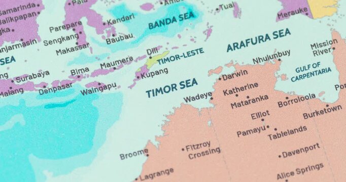Zoom out view of the timor sea region on a modern political world map