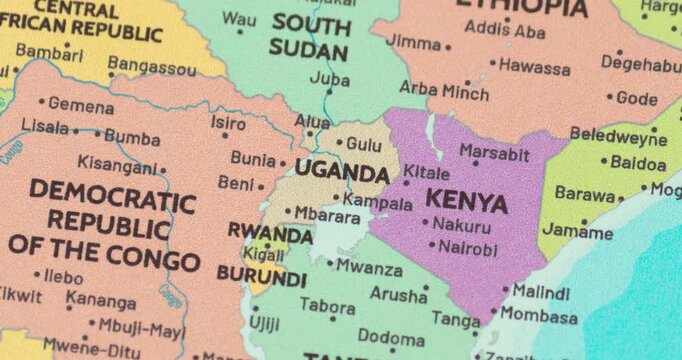 Zoom out view of uganda on a modern political world map