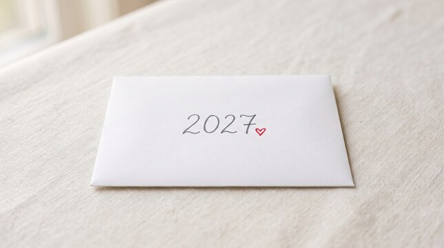 A single white envelope resting on a textured linen fabric surface with the year 2027 and a small red heart symbol written in black ink script