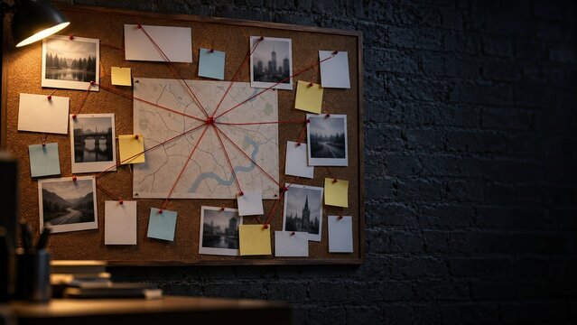 Detective's investigation board with photos, map, notes, and red strings connecting points, showing crime scene details for clue finding.
