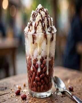 Iced Red Bean Dessert Es Kacang Merah in Tall Glass with Shaved Ice Condensed Milk Chocolate Syrup