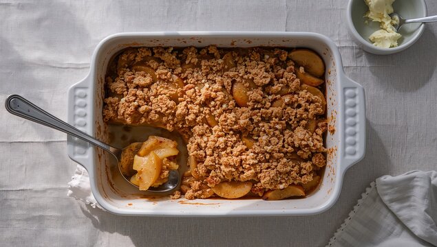 Apple crumble with creamy custard, baked apple filling, and golden streusel topping served in a rustic dish on a wooden table with fresh apple slices.