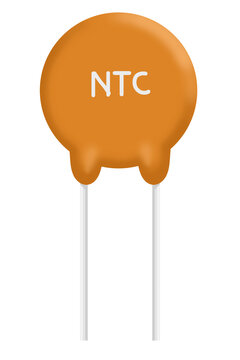 NTC Thermistor Electronic Component Illustration with Round Orange Disc Body and Straight Wire Leads
