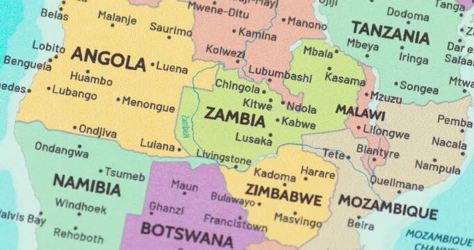 Zoom out view of zambia on a modern political world map